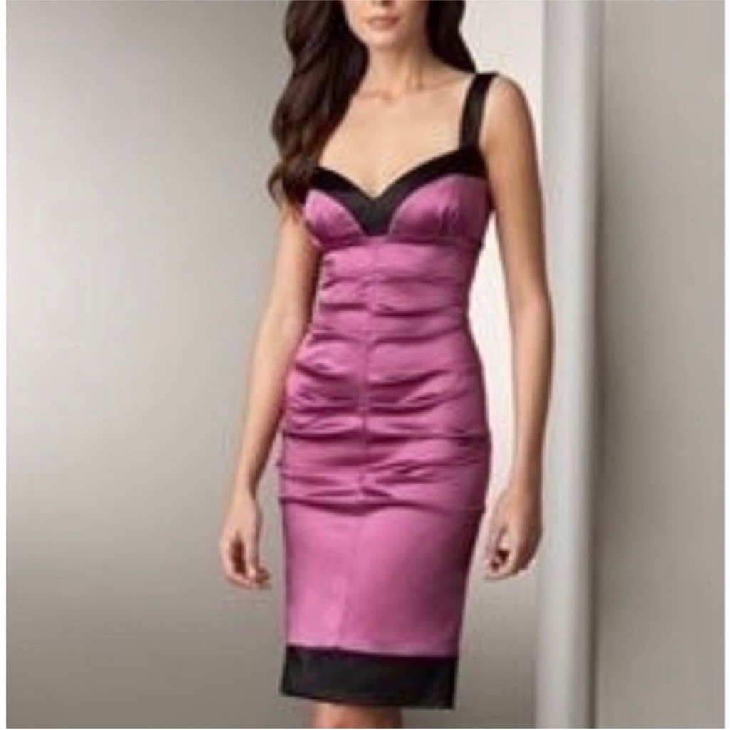Nicole Miller Satin Ruched Cocktail Dress Low Neckline Sweetheart Size L Us 10
